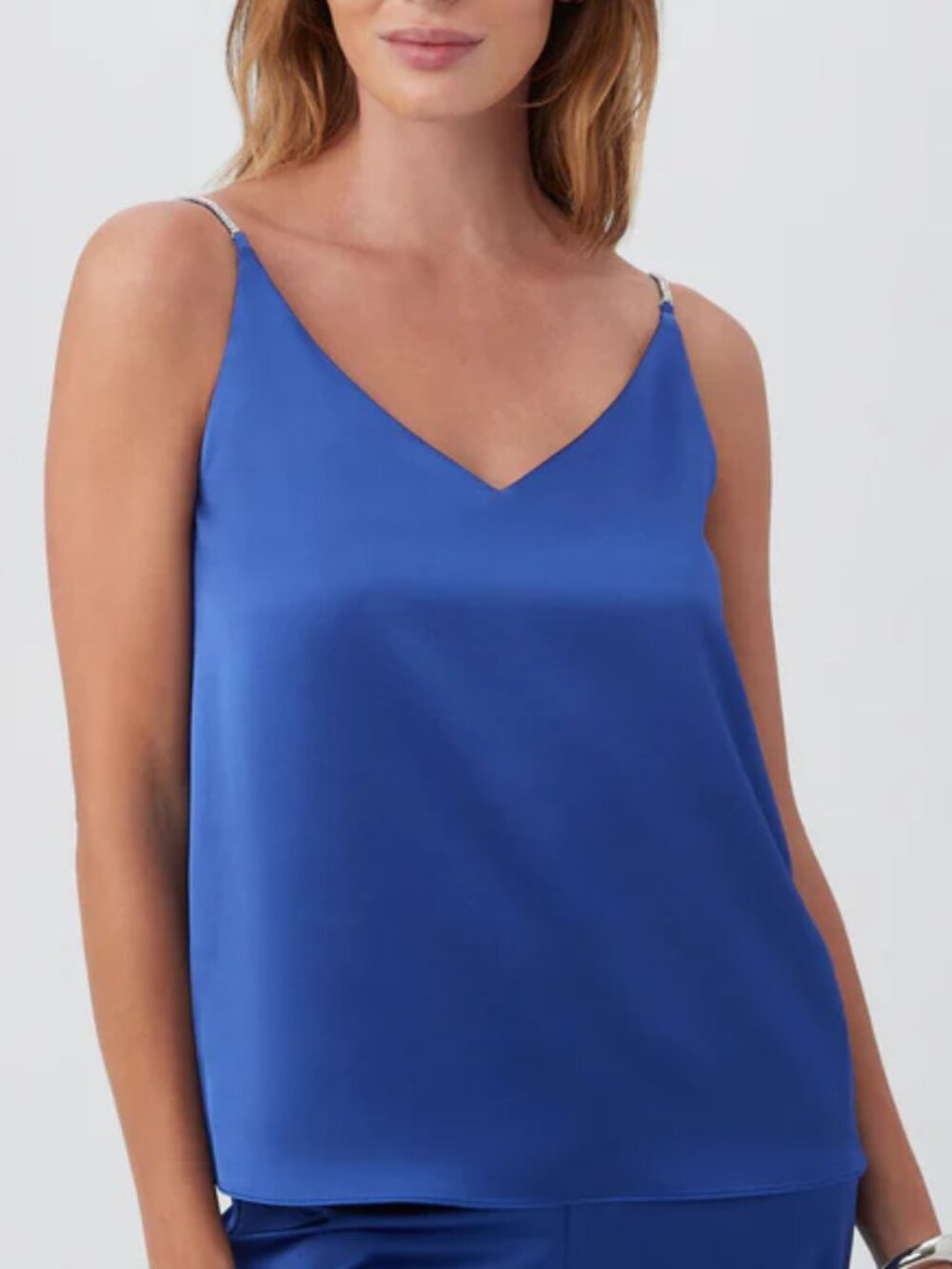 Trina Turk 'Sella' Rhinestone-Strap Satin Camisole Tank Top, Admirable Blue